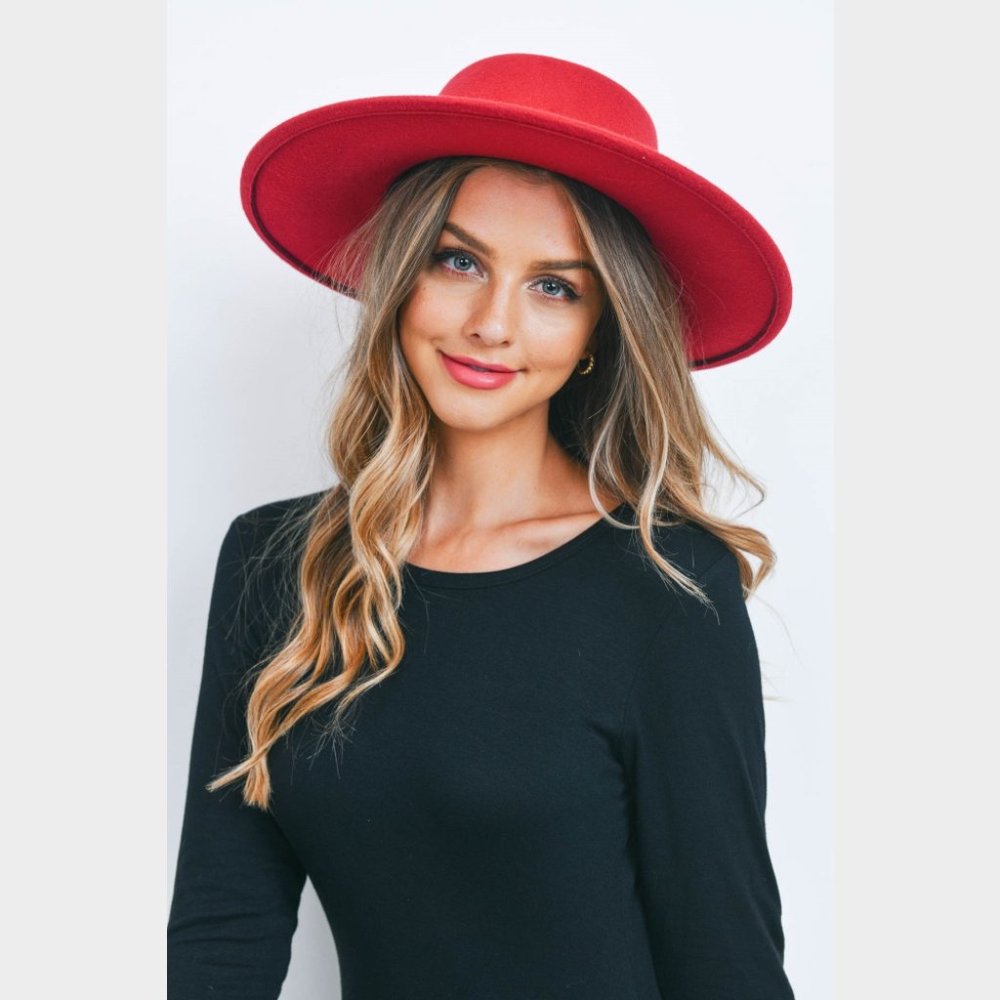 Red Wide Brim Bolero Felt Fedora Panama Hat with a Fashionable Gold Chain Accent - Picture 7 of 12